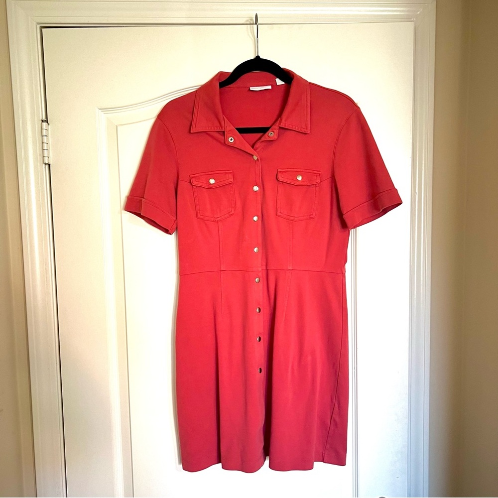 New York & Company Salmon Pink Snap Button Collared Utility Dress (Size M)